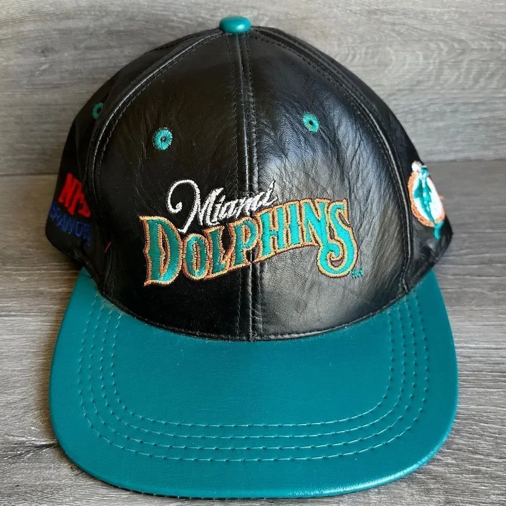 Vintage Leather SnapBack Hat Miami Dolphins NFL NWOT 90s